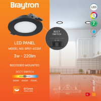 LED PANEL 3W UGRADNI OKRUGLI CRNI 3 BOJE SVETLA 3CCT BP01-60381 Braytron